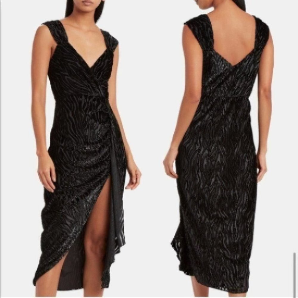 SAYLOR Farrah Tiger Metallic Velvet Burnout Divoré Wrap Style Midi Slit Dress - Picture 13 of 16
